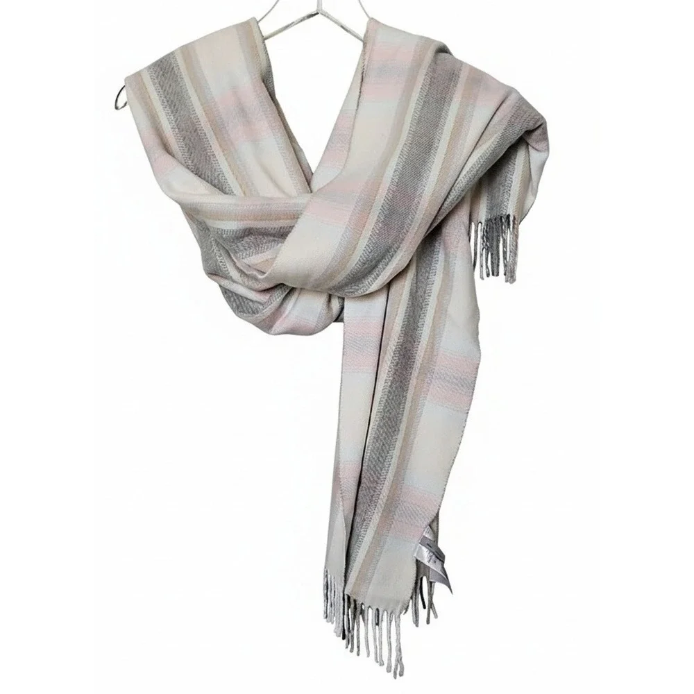 Gap Striped Fringe Wrap Blanket Scarf Cream Grey Pink Tan One Size Acrylic